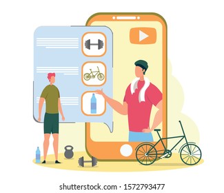 Online Fitness Trainer, Workout Exercises Planning Application for Mobile Phone Flat Vector Concept. Man Communicate with Gym Trainer Through Cellphone App, Choosing Sport Activity Types Illustration