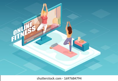 Online Fitness And Training Concept. Vector Of A Fit Woman Practicing Yoga Together With Fitness Instructor On TV Screen. 