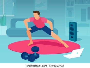 Online fitness and training concept. Vector of a fit exercising together with fitness instructor on laptop 