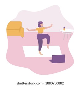 Online fitness and training concept. Vector of a fit girl practicing yoga together with fitness instructor on laptop screen.