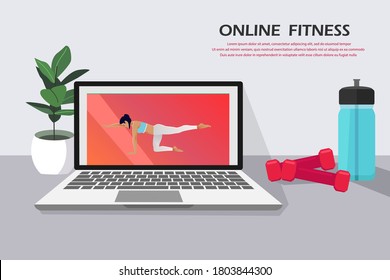 Online fitness vector illustration. Cartoon active woman characters in sport activity.