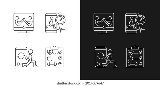 Online fitness wellness programs linear icons set for dark and light mode. High intensity, intervals workout. Customizable thin line symbols. Isolated vector outline illustrations. Editable stroke