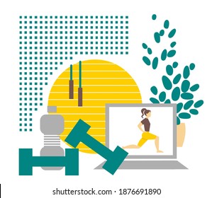 Online fitness workout concept. Active lifestyle and sports. Sports equipment, computer and coach, houseplant. Stay at home. Flat image isolated on white background. Vector.