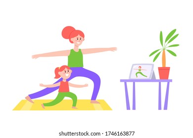 Online fitness workout concept illustration with mom and daugher in neon color and modern flat cartoon style.