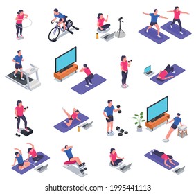 Online fitness workout yoga at home isometric icon set group sports activities with help of laptop TV and smartphone vector illustration