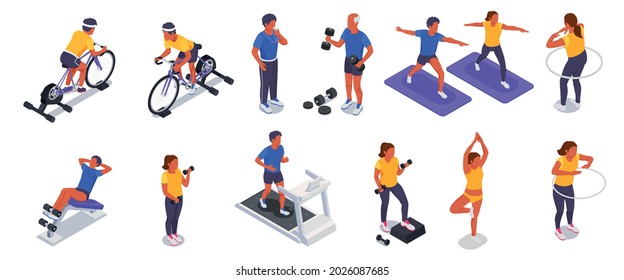 Online Fitness Workout Yoga At Home Isometric Colored Icon Set Exercise On Exercise Bike With Dumbbells Hula Hoops On Treadmill And Stretching Vector Illustration