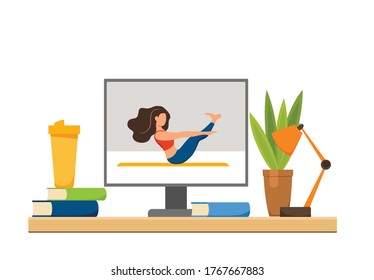 Online fitness yoga classes vector concept. Stay home girl doing exercises looking at screen cartoon flat illustration. Healthy and wellness lifestyle design concept with woman at domestic interior