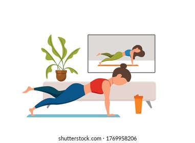 Online fitness yoga classes vector concept. Stay home girl doing exercises looking at screen cartoon flat illustration. Healthy and wellness lifestyle design concept with woman at domestic interior