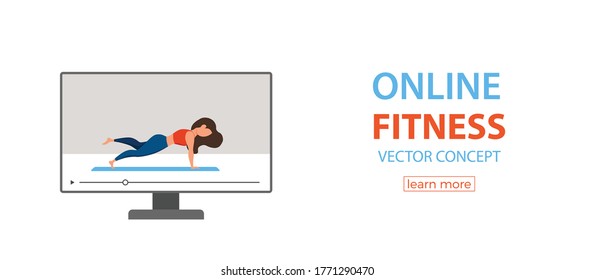 Online fitness yoga classes vector concept. Stay home girl doing exercises looking at screen cartoon flat illustration. Healthy and wellness lifestyle design concept with woman at domestic interior