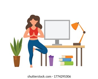 Online fitness yoga classes vector concept. Stay home girl doing exercises looking at screen cartoon flat illustration. Healthy and wellness lifestyle design concept with woman at domestic interior