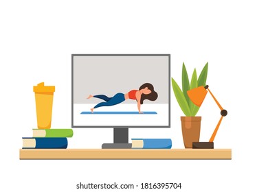 Online fitness yoga classes vector concept. Stay home girl doing exercises looking at screen cartoon flat illustration. Healthy and wellness lifestyle design concept with woman at domestic interior