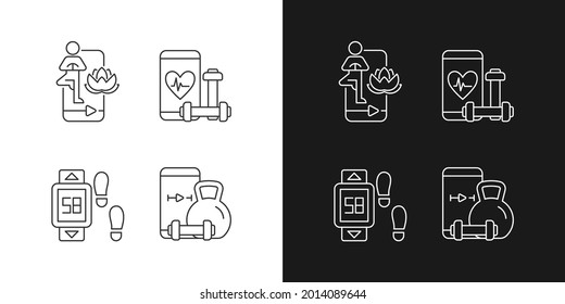 Online fitness yoga linear icons set for dark and light mode. Health and wellness. Distance travel step tracker. Customizable thin line symbols. Isolated vector outline illustrations. Editable stroke