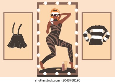 Online fitting room. The technology of the future for shopping. A woman is trying on clothes wearing VR-glasses through a mobile application. Flat vector illustration