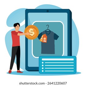 Online flea market concept. A man interacting with online shopping, showcasing a digital shirt and payment method, representing Online flea market innovation.