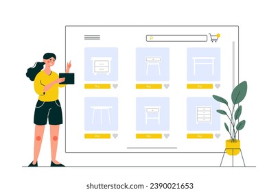 Online flea market concept. Woman with tablet. Customer buys goods on internet. Home delivery and electronic commerce. Cartoon flat vector illustration isolated on white background