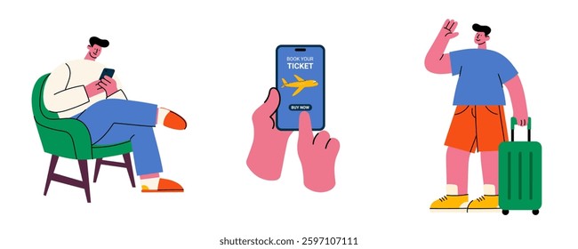 Online flight booking process. Man buying airplane ticket via mobile app and traveling with luggage. Travel preparation concept illustration