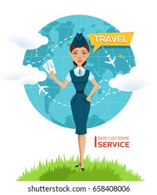 Online flight booking service. Buy tickets online. Advertising poster, banner. Stewardess keeps air tickets and offers to go on trip around world. Vector illustration