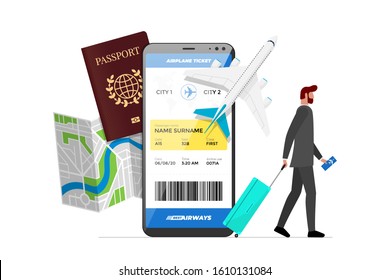 Online flight booking service concept. Business man with luggage book airplane travel on smartphone. Plane ticket reservation website or mobile app. Trip planning map and passport vector illustration