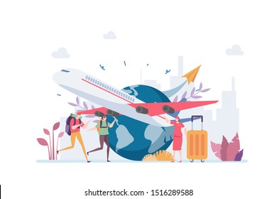 Online Flight Booking Vector Illustration Concept Showing a grup of tourist travelling using airplane, Suitable for landing page, ui, web, App intro card, editorial, flyer, and banner.