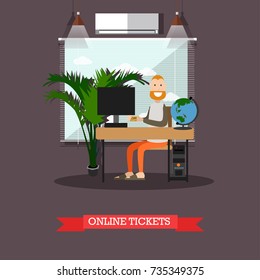 Online flight booking vector illustration. Man using computer and via internet to make a reservation of ticket flat style design element.