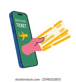 Online flight ticket booking concept – hand holding airline tickets and smartphone. Modern travel illustration for websites, apps, and digital content