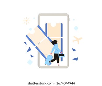 Online flight ticket booking. Female traveler going to her flight with luggage. Woman with suitcase running to her gate. Vector person with suitecase.