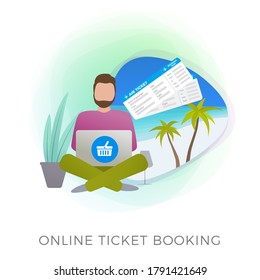 Billete de Vuelo en línea . Icono de vector plano de reserva. Servicio de aplicaciones móviles o web para la compra, reserva y reserva de pasajes de vacaciones, pasajes aéreos de vacaciones. El hombre hace sus reservas de viaje 