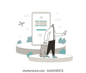 Online flight ticket booking. Male traveler going to his flight with luggage. Bearded man with suitcase running to his gate. Book your flight servise app. Vector person with suitecase.