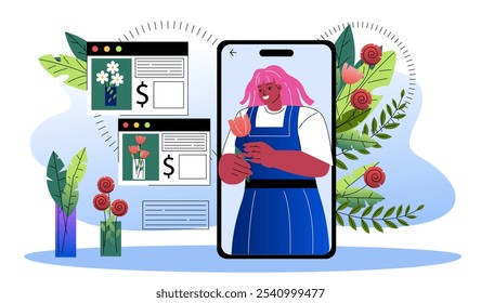 Online florist concept. Woman with flower in her hand on smartphone screen. Specialist collects bouquet. Gardening and horticulture, botany. Flat vector illustration isolated on white background