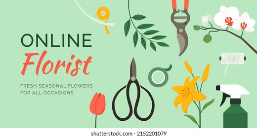 Online florist service promotional banner: beautiful cut flowers and tools