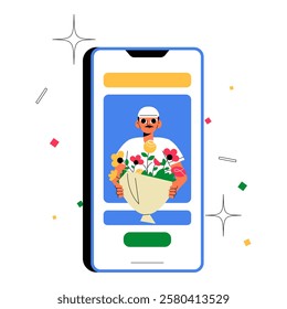 Online Flower Delivery Service With Mobile App And Courier Holding Bouquet. Flat Vector Illustration Symbolizing Ecommerce, Express Delivery, And Gift Ordering, Isolated On White Background