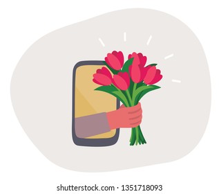 Online Flower Delivery. Tulips Bouquet Coming Out Of Mobile Screen. Sms With Bouquet Of Flowers. Online Dating Concept. Flat Design Illustration.