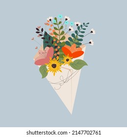 Online flower delivery. Wildflowers bouquet in craft wrap. Flat design illustration. Spring and summer plasticine art illustration. 3d vector objects.