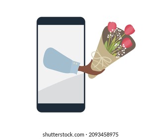 Online flower ordering, delivery. Human hand holds Tulip bouquet on phone screen. Flowers for birthday, valentine's day, women's day. Online delivery phone concept. Smartphone apps concept.