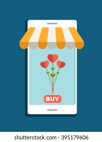 Online flower shopping. Smartphone.  Vector cartoon illustration.