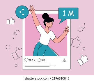 Online followers concept. Social media post, popular character, famous blogger or content creator. Creative person, marketing campaign on smartphone, business. Cartoon flat vector illustration