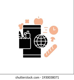 Online food app glyph icon. Contactless meal order. Grocery phone application. Online shopping. Delivery food conception.Filled flat sign. Isolated silhouette vector illustration