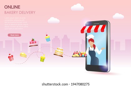 Online food and bakery delivery concept. Woman chef holding cup cakes and bakery tray on smartphone screen with spreading of bakery and cakes. 