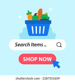 Online food beverage groceries shopping mall poster vector illustration flat design poster design