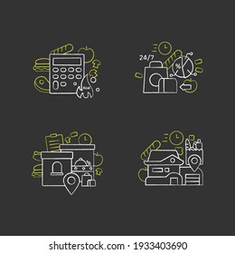Online food chalk icons set. Calories calculator, office and home delivery, ready-made ration. Shopping application. Isolated vector illustrations on chalkboard