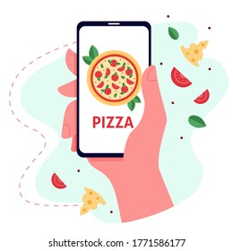 Online food concept. Smartphone in the hand. Order pizza online. Vector flat illustration for advertising, sites, banners and delivery services.