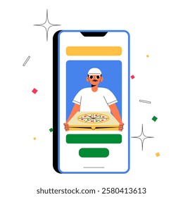 Online Food Delivery App With Male Chef Holding Pizza In Flat Vector Illustration Symbolizing Online Ordering, Restaurant Service, And Mobile Food Delivery, Isolated On White Background