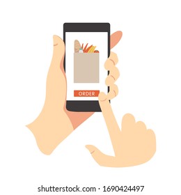 Online-Lebensmittelzustellungsgeschäft. Hände, die Smartphone halten und Lebensmittel bestellen. Illustration der Vektorillustration einzeln auf weißem Hintergrund