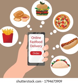 Online food delivery business. Hands holding smart phone and chooses dinner. Vector image cartoon Illustration