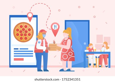 Online food delivery by smartphone. Woman courier delivers order to the doors. Courier comes out from phone screen and gives parcel for client. Online business - Metaphor