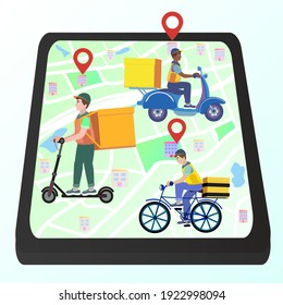 Online food delivery in the city. Bicycle, moped and scooter on the city map.