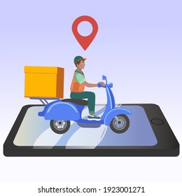 Online food delivery in the city. Moped on a huge smartphone symbolizing online service. Ordering food at home.