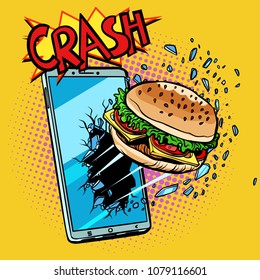 Online food delivery concept, Burger and smartphone. Pop art retro vector illustration comic cartoon kitsch drawing