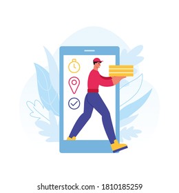Online food delivery concept flat vector illustration of cartoon male courier character with pizza boxes for mobile app templates and banners