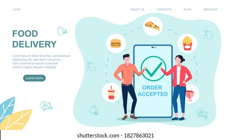 Online food delivery concept. Flat cartoon vector illustration. Web page template